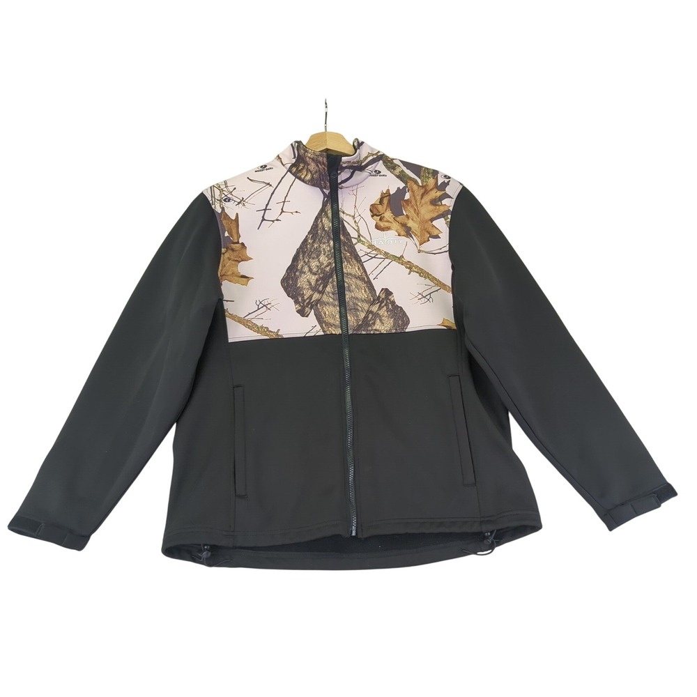 Habit Women's Black Pink Camo Mossy Oak Softshell Jacket Full‎ Zip Size Large